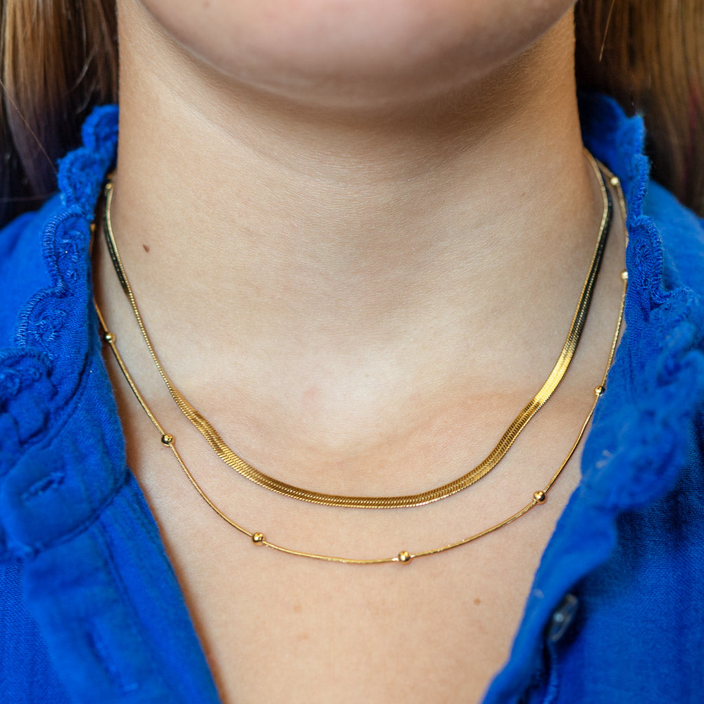 Layered gold necklace with 16 inch snake chain from Kaleidoscope Living.