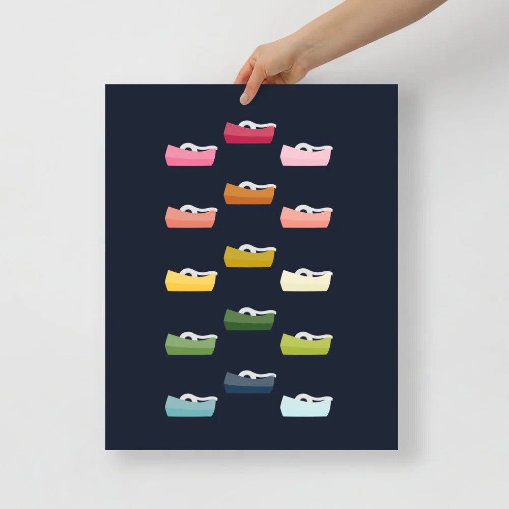 office art print with a navy background and grid of colorful clip art of tape dispensers in ombre rainbow colors ranging from pinks to blues