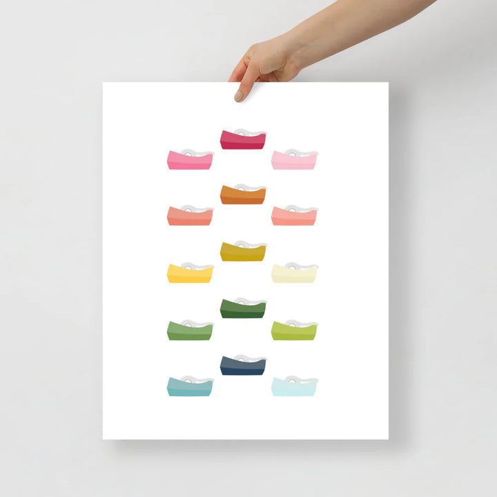 office art print with a white background and grid of colorful clip art of tape dispensers in ombre rainbow colors ranging from pinks to blues