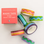 image of colorful striped and squiggle washi tape laying on white table with product box beside it
