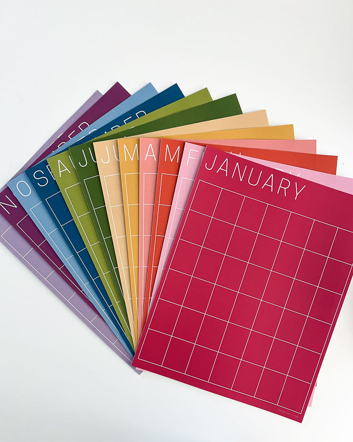 letter-size monthly wall calendar in spectrum of rainbow colors by Kaleidoscope Living