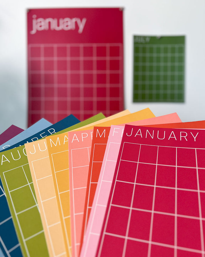 letter-size monthly wall calendar in rainbow colors by Kaleidoscope Living