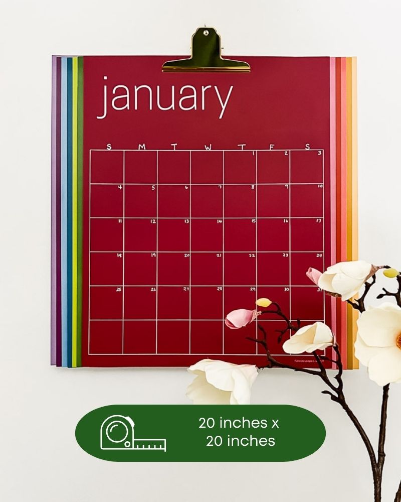 image of compact arrangement for reusable rainbow wall calendar requiring only 20 by 20 inches of wall space