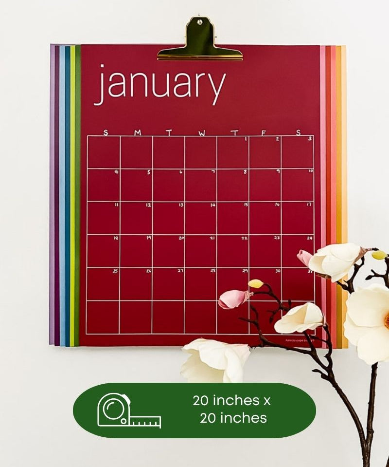 image of compact arrangement for reusable rainbow wall calendar requiring only 20 by 20 inches of wall space