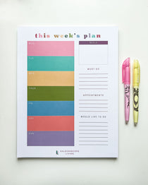 A colorful weekly planner notepad with colorful blocks for each week day plus meal planning, must do's, appointments and would like to do sections.