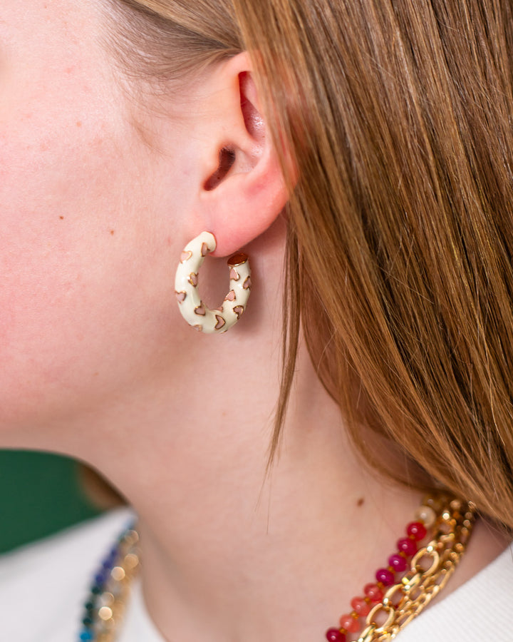 White and Pink Enamel Heart Hoop Earrings