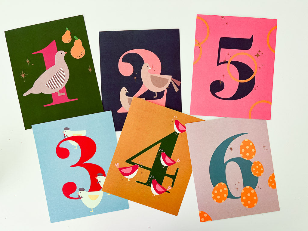 Colorful 12 Days of Christmas Art Prints (Set of 12)