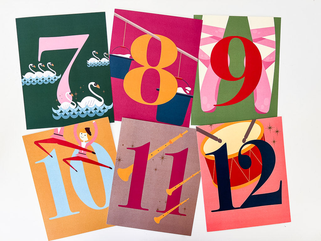 Colorful 12 Days of Christmas Art Prints (Set of 12)