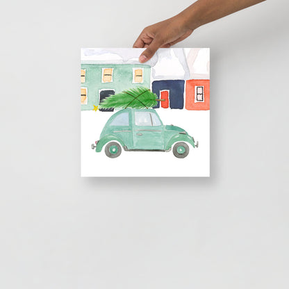 Volkswagen Beetle With Christmas Tree Water Color Art Print