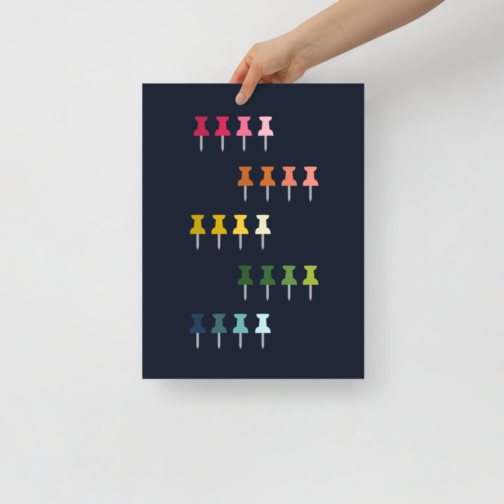 Colorful Push Pins Art Print with Navy Blue Background