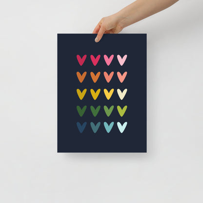 Colorful Hearts Art Print with Navy Blue Background