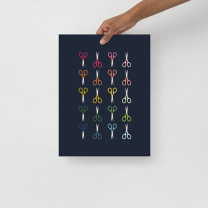 Colorful Scissors Art Print with Navy Blue Background