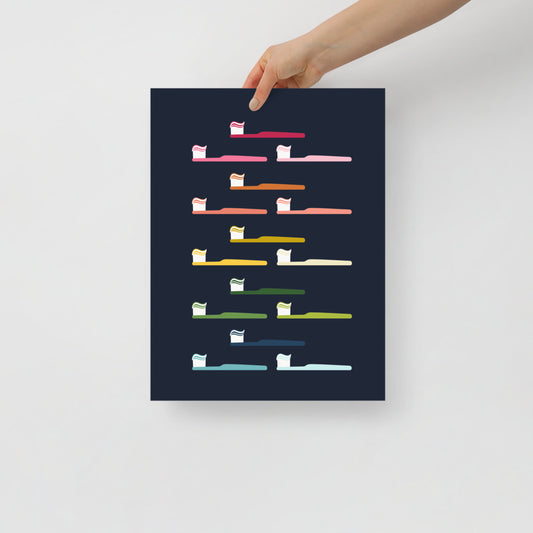 Colorful Toothbrushes Art Print with Navy Blue Background