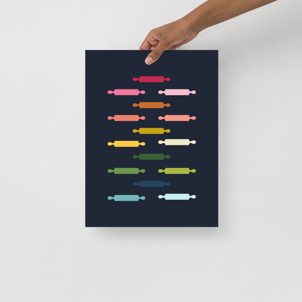 Colorful Rolling Pins Art Print with Navy Blue Background
