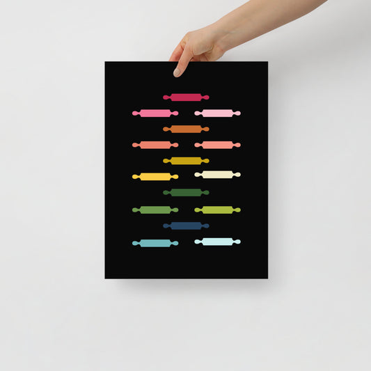Colorful Rolling Pins Art Print with Black Background