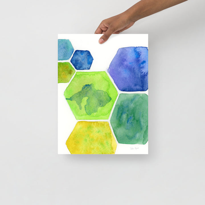 Abstract Hexagons Watercolor Art Print in Blues, Greens and Yellows