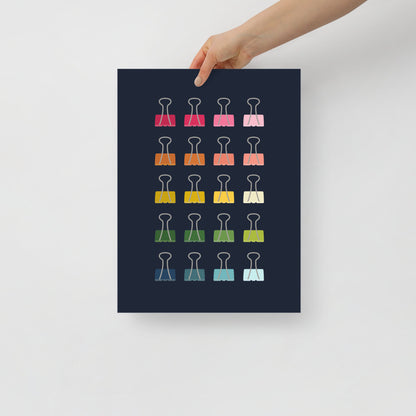 Colorful Binder Clips Art Print with Navy Blue Background