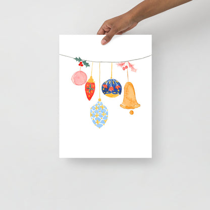 Christmas Ornaments Strung on a Wire Watercolor Art Print