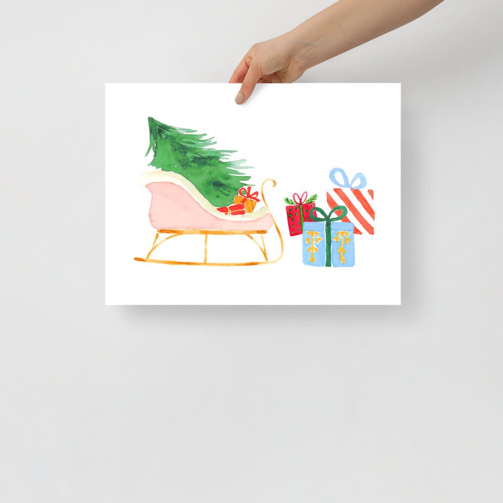 Christmas Sleigh & Presents Watercolor Art Print