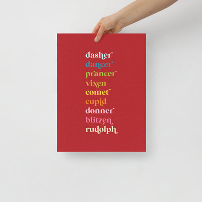 Colorful Reindeer Names on Red Background Art Print
