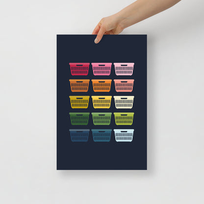 Colorful Laundry Baskets Art Print with Navy Blue Background