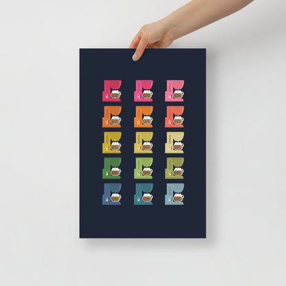 Colorful Coffee Makers Art Print with Navy Blue Background