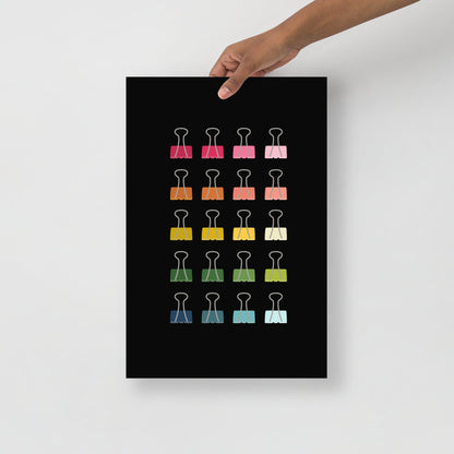 Colorful Binder Clips Art Print with Black Background