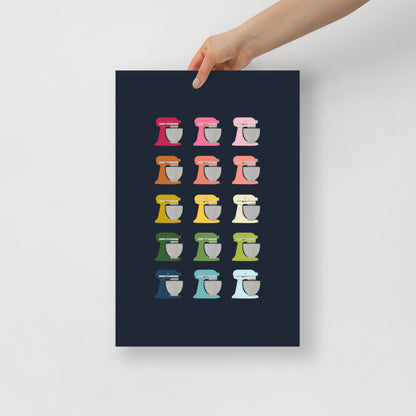 Colorful Stand Mixers Art Print with Navy Blue Background