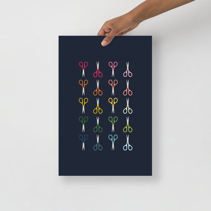 Colorful Scissors Art Print with Navy Blue Background