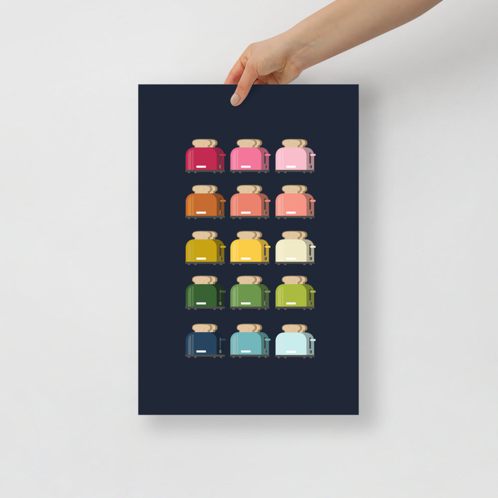 Colorful Toasters Art Print with Navy Blue Background