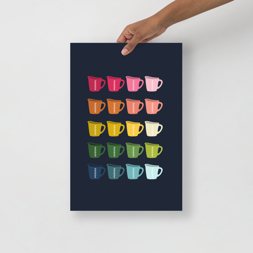 Colorful Measuring Cups Art Print with Navy Blue Background