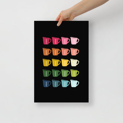 Colorful Measuring Cups Art Print with Black Background