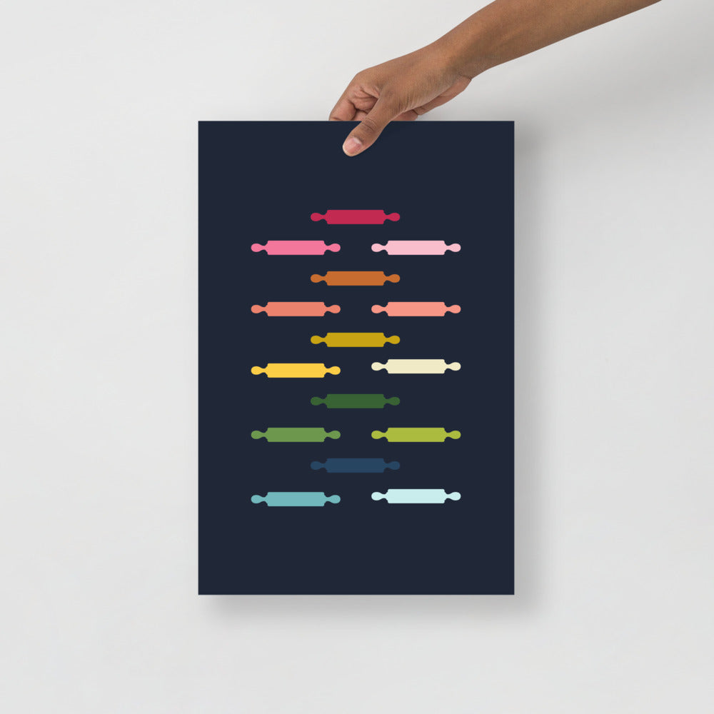 Colorful Rolling Pins Art Print with Navy Blue Background