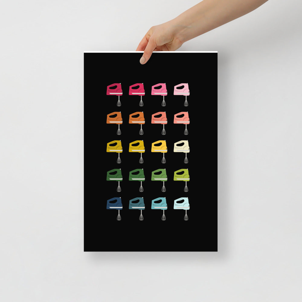Colorful Hand Mixers Art Print with Black Background