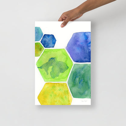 Abstract Hexagons Watercolor Art Print in Blues, Greens and Yellows