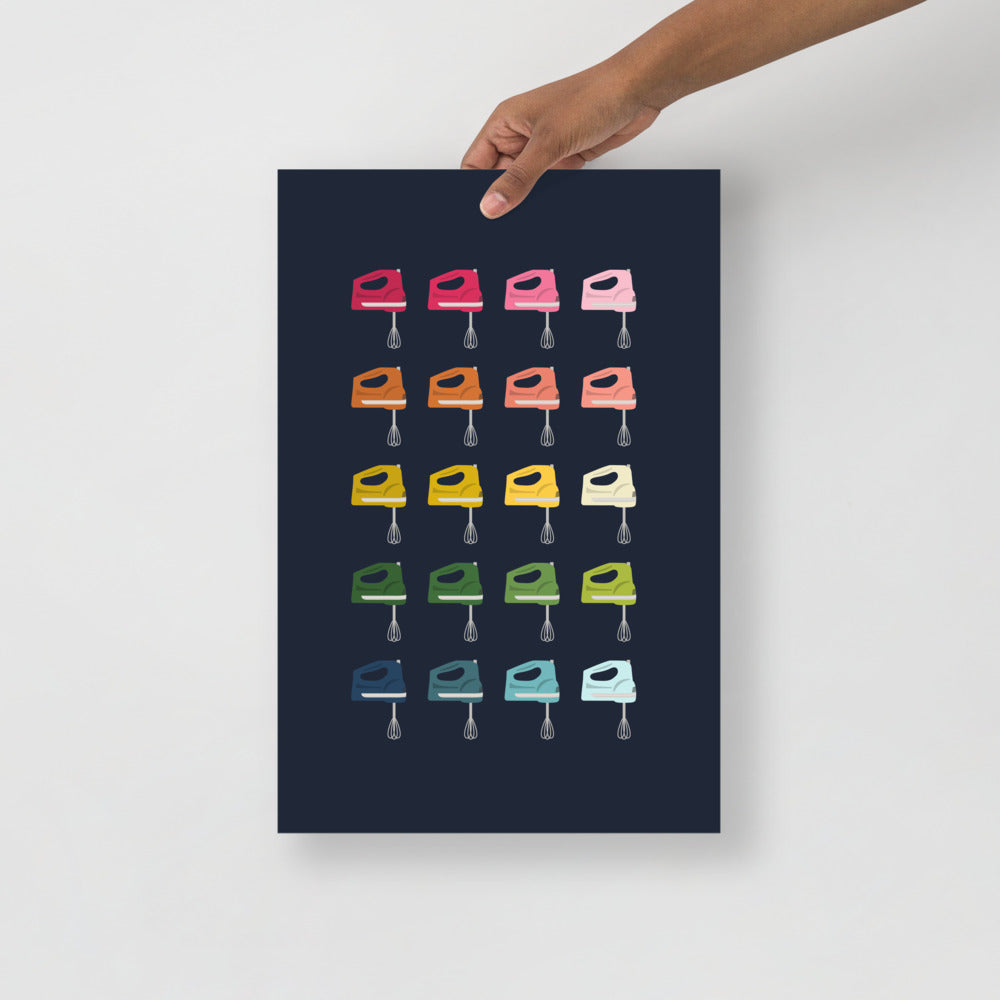 Colorful Hand Mixers Art Print with Navy Blue Background