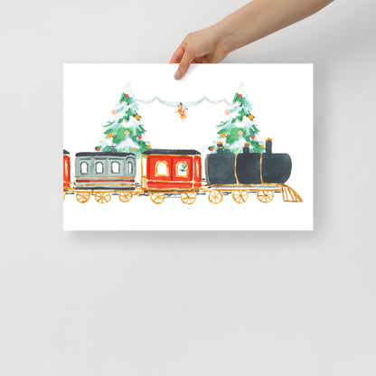 Vintage Train Christmas Scene Watercolor Art Print