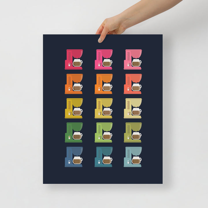 Colorful Coffee Makers Art Print with Navy Blue Background