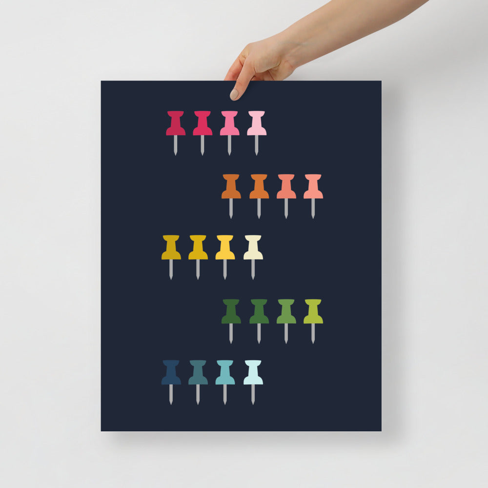 Colorful Push Pins Art Print with Navy Blue Background
