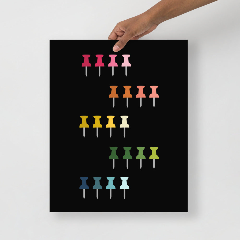 Colorful Push Pins Art Print with Black Background