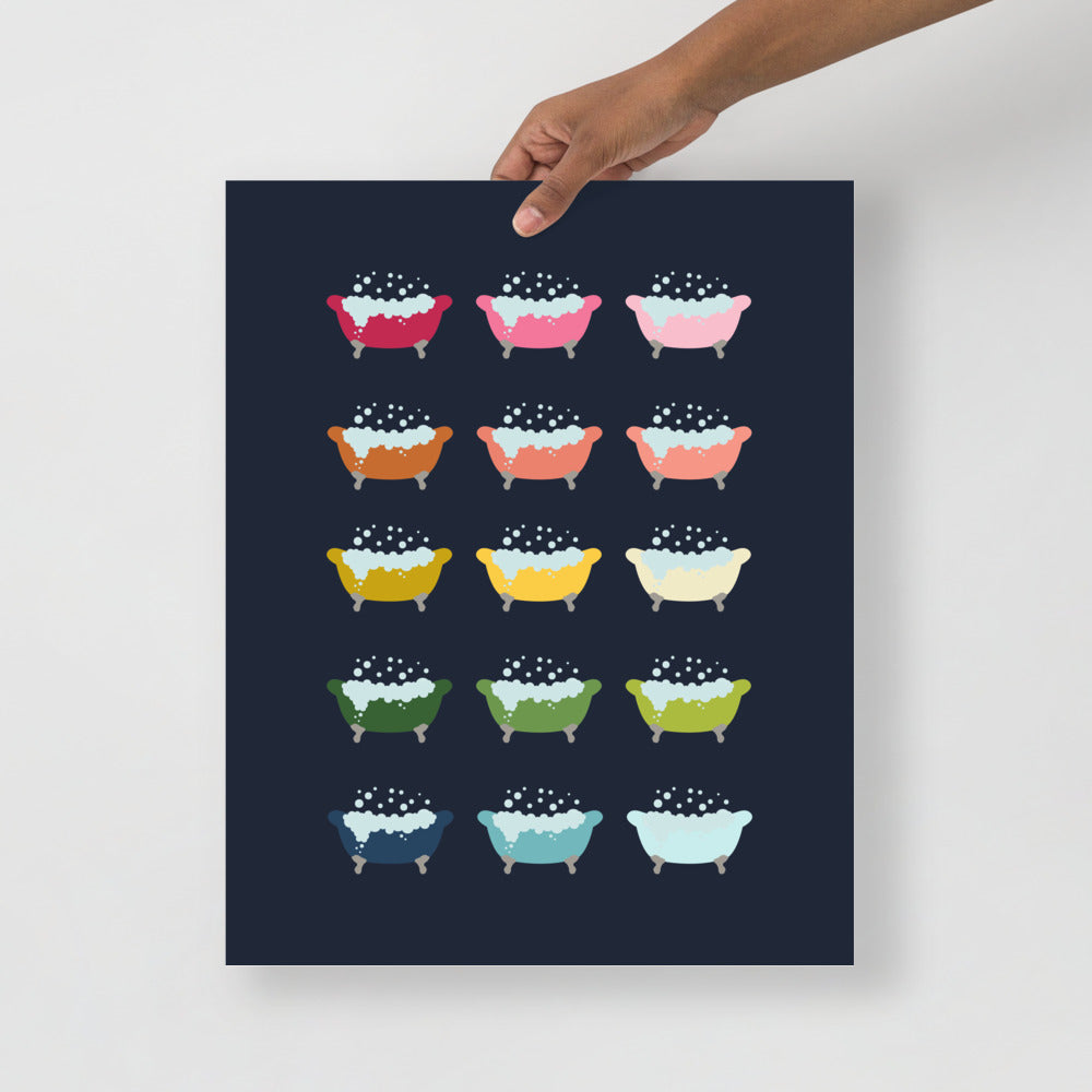 Colorful Bathtubs Art Print with Navy Blue Background