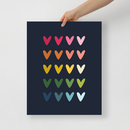 Colorful Hearts Art Print with Navy Blue Background