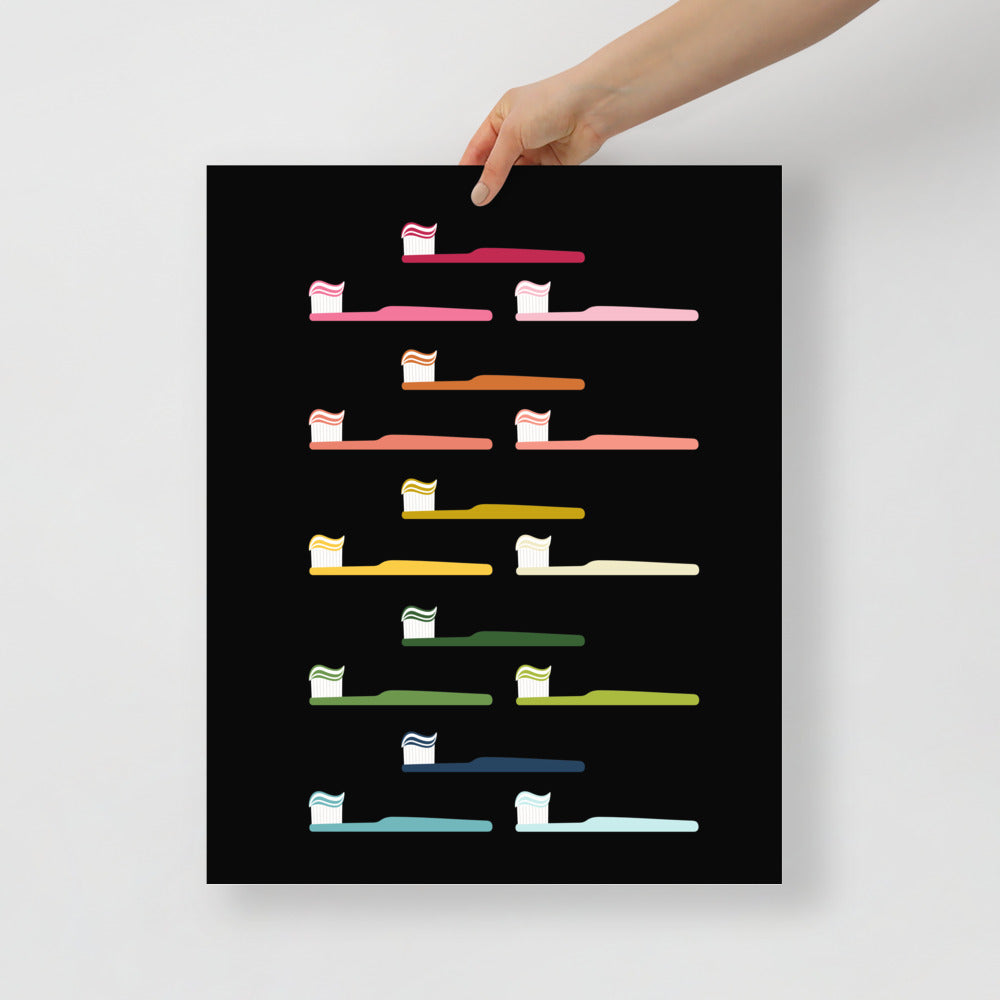 Colorful Toothbrushes Art Print with Black Background