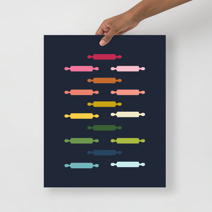 Colorful Rolling Pins Art Print with Navy Blue Background