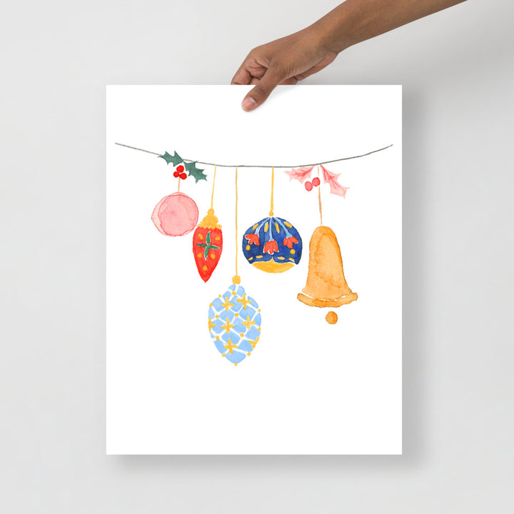 Christmas Ornaments Strung on a Wire Watercolor Art Print