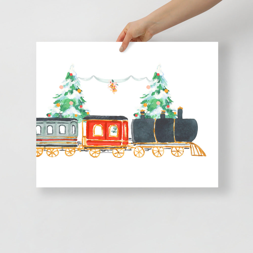 Vintage Train Christmas Scene Watercolor Art Print