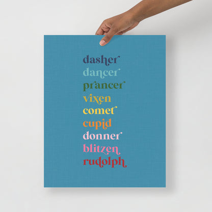 Colorful Reindeer Names on Blue Background Art Print