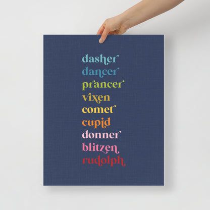 Colorful Reindeer Names on Navy Blue Background Art Print