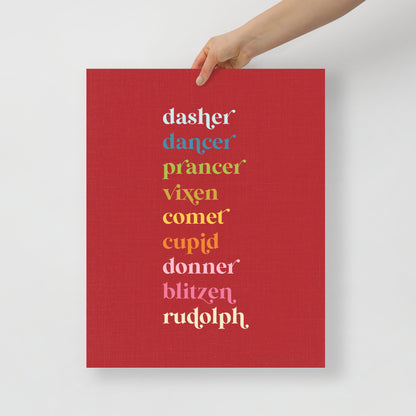 Colorful Reindeer Names on Red Background Art Print