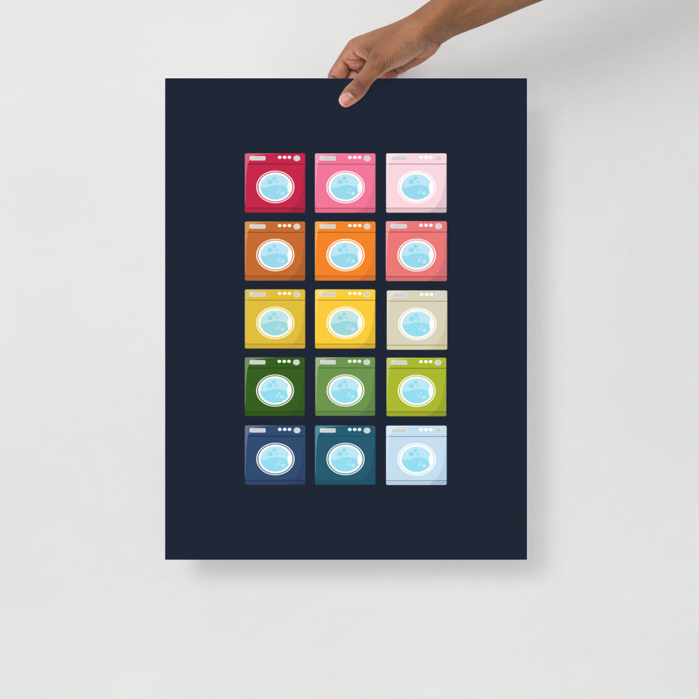 Colorful Washing Machines Art Print with Navy Blue Background